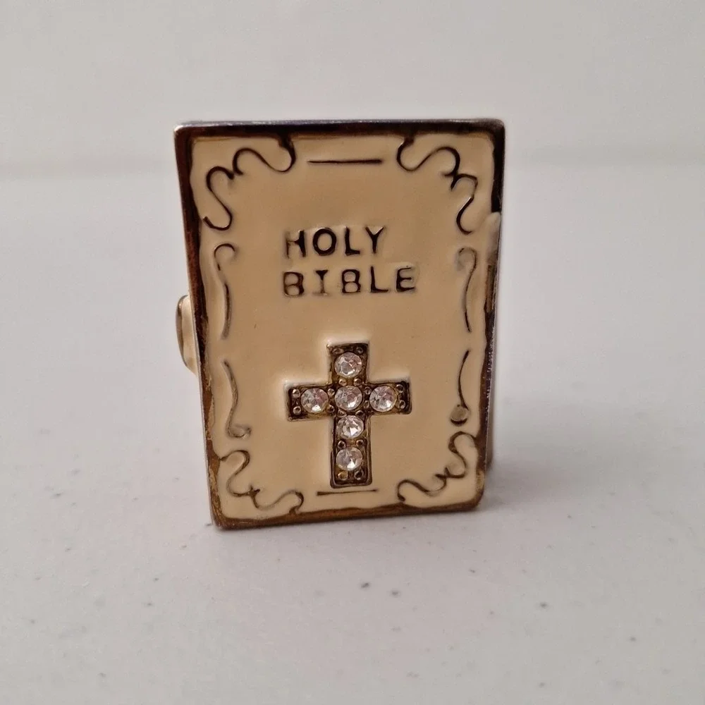 Vintage Brass Enamel Jeweled Hinged Holy Bible Trinket Box Mini 2